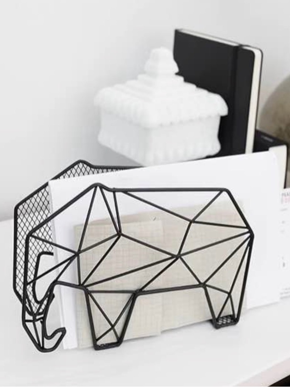 Geometric Elephant Metal Mail Organizer - Black